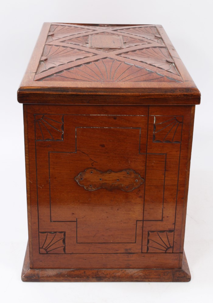 Good quality late 19th century walnut writing box with carved domed hinged cover and floral - Image 3 of 8