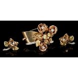 Pair good quality 1940s diamond and three-colour gold ear clips and matching dress clip,