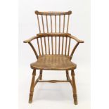 19th century ash and elm stick back Windsor chair with solid saddle seat on turned legs united by