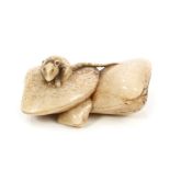 Japanese Meiji period carved bone netsuke in the form of a rat, resting on a pile of shells,