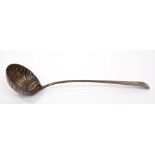 George III silver Old English pattern soup ladle with shell bowl and two sets of engraved initials