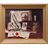 Romek Arpad (1883 - 1960), oil on canvas - tromp l'oeil still life of books and papers on a table,