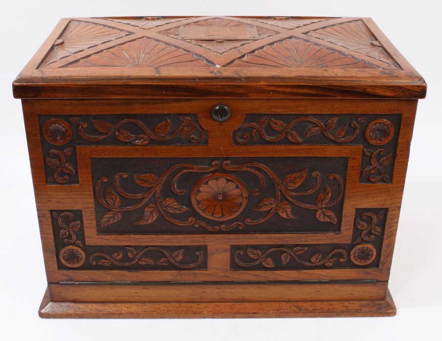 Good quality late 19th century walnut writing box with carved domed hinged cover and floral - Image 2 of 8