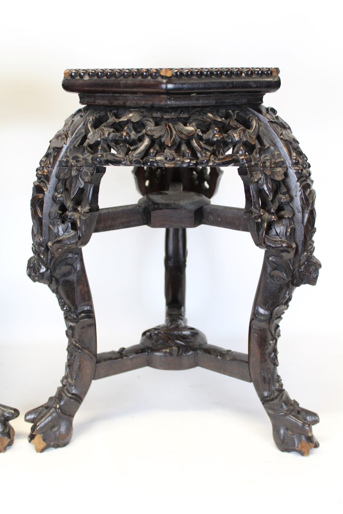 Pair of late 19th / early 20th century Chinese carved hardwood and marble inset urn stands, - Image 5 of 5