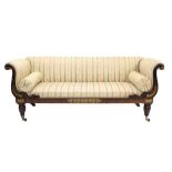 Good Regency rosewood and brass inlaid scroll-end sofa with green striped silk damask upholstery,