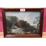 19th century Continental School oil on canvas - mountainous waterfall, framed, 21cm x 28.