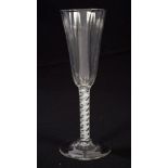 Georgian ratafia glass, circa 1760, with narrow funnel bowl with rib moulding,