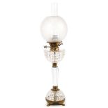 Good Victorian cut glass oil lamp with etched and cut glass globular shade and hemispherical glass