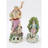 Late 19th century Continental porcelain Derby-style figure of Neptune astride a shell with dolphin,