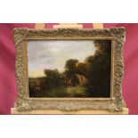 19th century East Anglian School oil on panel - wooded landscape with travellers encamped,