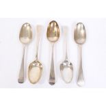 Five mid / late 18th century silver Old English pattern tablespoons - including three double-drop
