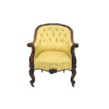 Good mid-19th century carved rosewood tub armchair mustard button upholstered and foliate carved