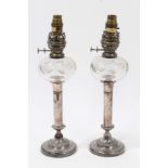 Pair of late 19th century silver plated peg lamps - each with cut glass reservoir,