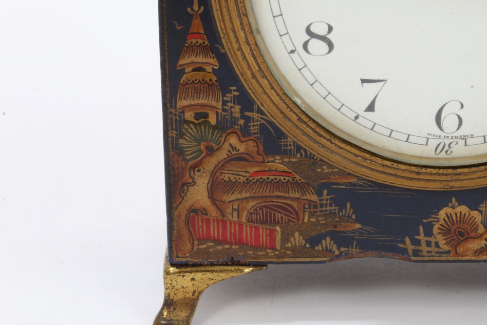 1920s French mantel timepiece with white enamel dial in dome-topped blue lacquer chinoiserie - Image 2 of 7