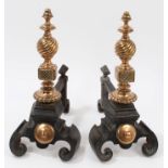 Pair 19th century copper and iron fire dogs with spiral-twist decoration,