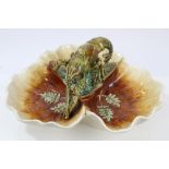 Late 19th century French Majolica crayfish dish with three shell-shaped divisions and crayfish