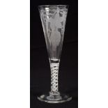Georgian ale glass, circa 1760, with narrow funnel bowl engraved with hops,