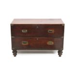 19th century teak and brass mounted campaign chest with two long drawers, on turned legs,