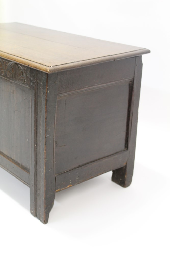 17th century oak coffer of small size, associated plank top with moulded edge, - Image 3 of 6