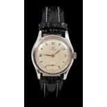 Gentlemen's 1940s Omega wristwatch with silvered dial, gold dagger hands, baton and Arabic numerals,