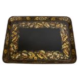 Good Regency papier mâché tray, large rounded rectangular form decorated in gilt and polychrome,