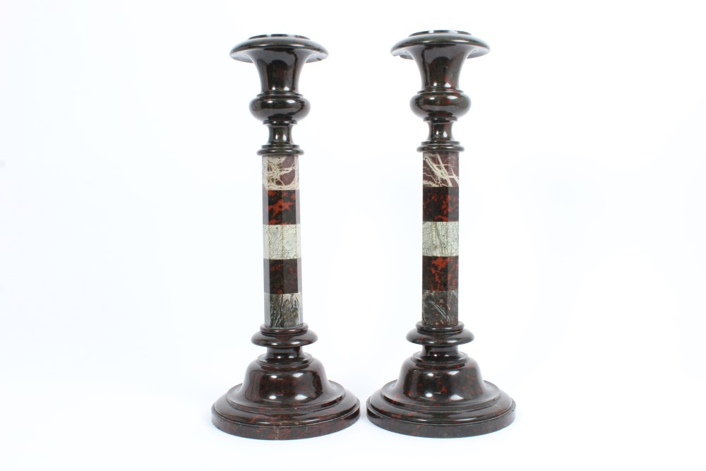 Pair late 19th century serpentine marble candlesticks with turned and facet cut decoration, - Image 4 of 4