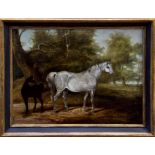 19th century English School oil on canvas - grey mare and foal in woodland, framed,