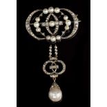 Antique pearl and diamond pendant / brooch with a pearl (not tested for natural origin) measuring