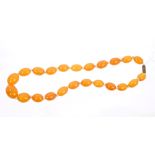 Old amber necklace with a string of twenty-three graduated oval butterscotch amber beads,