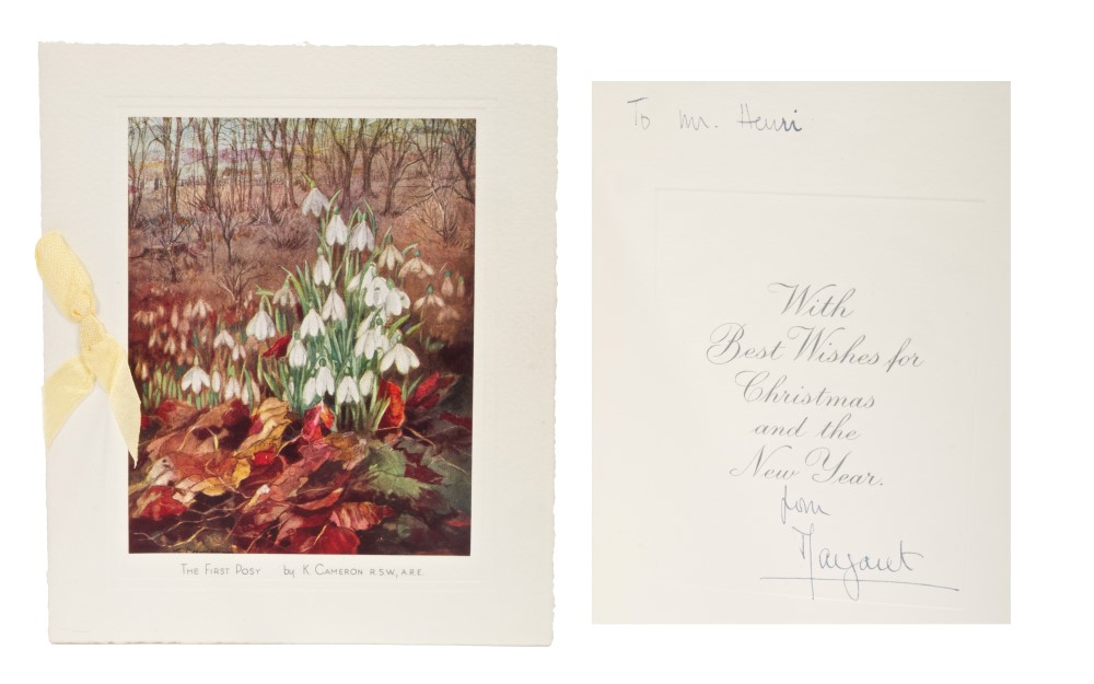 HRH The Princess Margaret - rare signed 1951 Christmas card with print of snowdrops to cover,