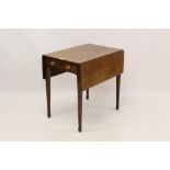 Regency mahogany and satinwood banded Pembroke table, drop-leaf top over end frieze drawer,