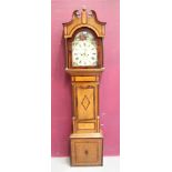 Mid-19th century eight day longcase clock with painted arched dial decorated with Elija and ravens