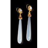 Fine pair of Regency chalcedony, ruby and gold cannetille work pendant earrings,