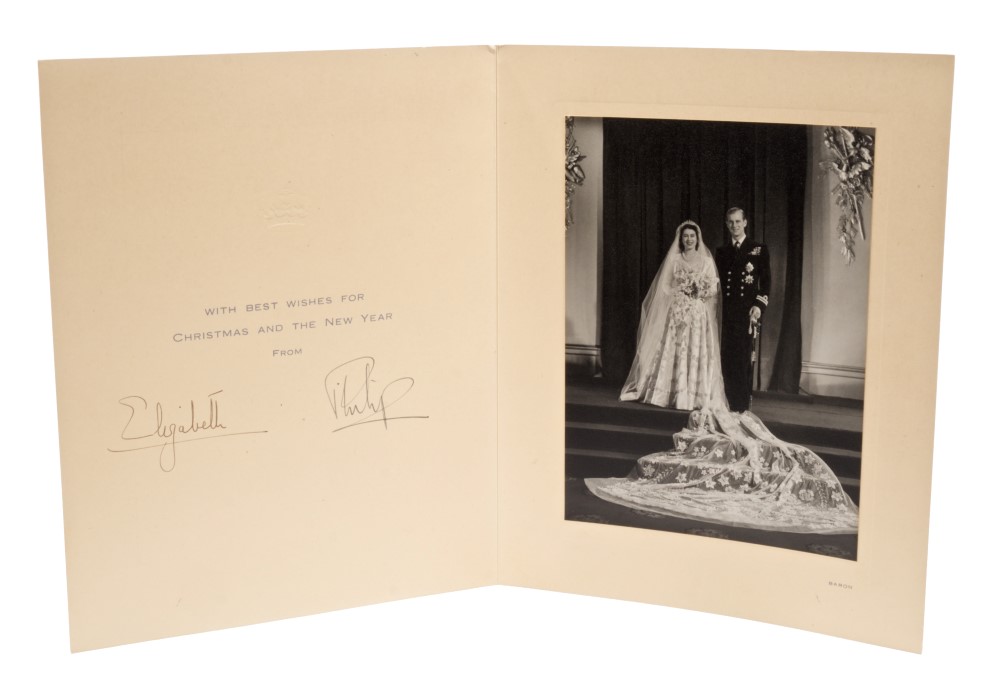 TRH The Princess Elizabeth and The Duke of Edinburgh - signed 1947 Christmas card with gilt