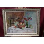 20th century oil on board - still life of flowers and fruit on a table, indistinctly signed,
