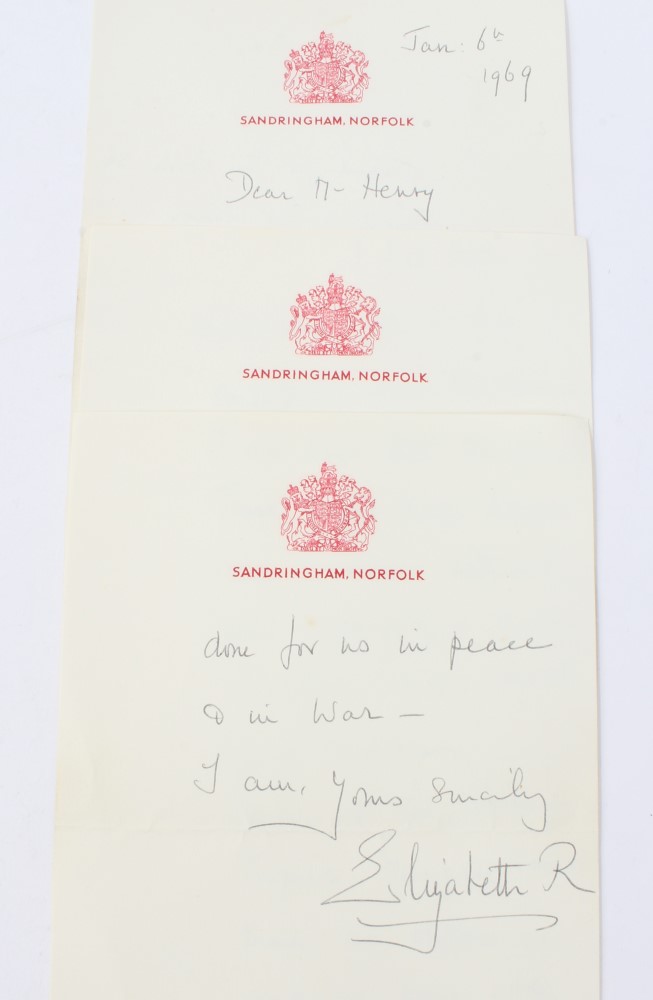 HM Queen Elizabeth The Queen Mother - an amusing and charming handwritten three-page letter dated