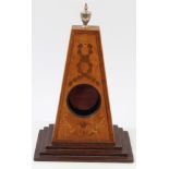 Victorian marquetry inlaid pocket watch holder of tapered form with silver urn finial and hinged