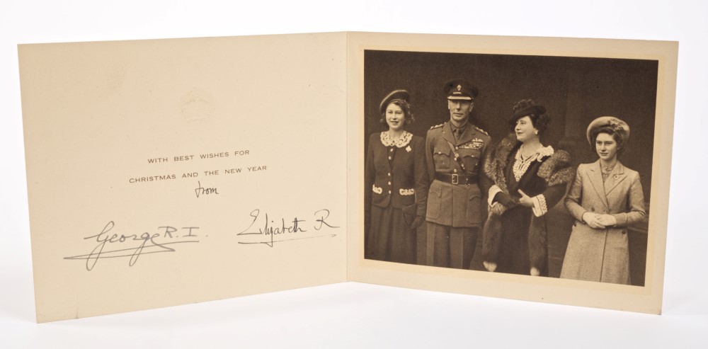 TM King George VI and Queen Elizabeth - signed 1944 Christmas card with gilt embossed crown to