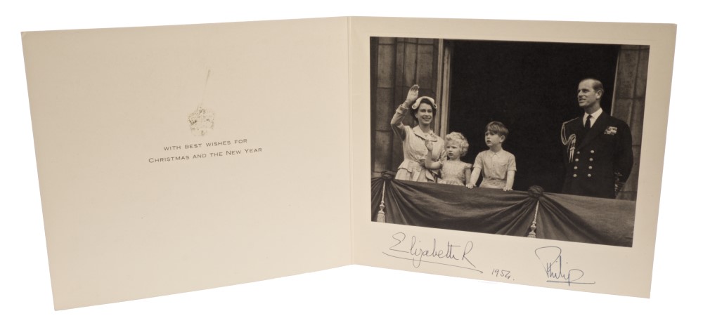 HM Queen Elizabeth II and HRH The Duke of Edinburgh - signed 1954 Christmas card with gilt embossed