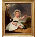 Mid-19th century English School oil on canvas - portrait of a child in landscape with a flower