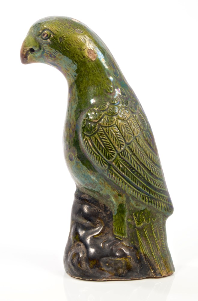 19th century Chinese green glazed pottery parrot with moulded and incised feathers, on rococo base, - Image 2 of 2