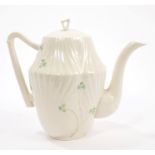 20th century Belleek shell-moulded coffee pot and cover with harp,