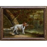 Early 19th century English School oil on canvas - a retriever with a dead pheasant in woodland,
