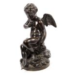 19th century Continental bronze figure of Cupid seated on billowing clouds, on circular plinth,