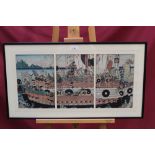 Yoshitora (c. 1830 - c. 1880), woodcut triptych - Warship, in glazed frame, each 34cm x 23.5cm.