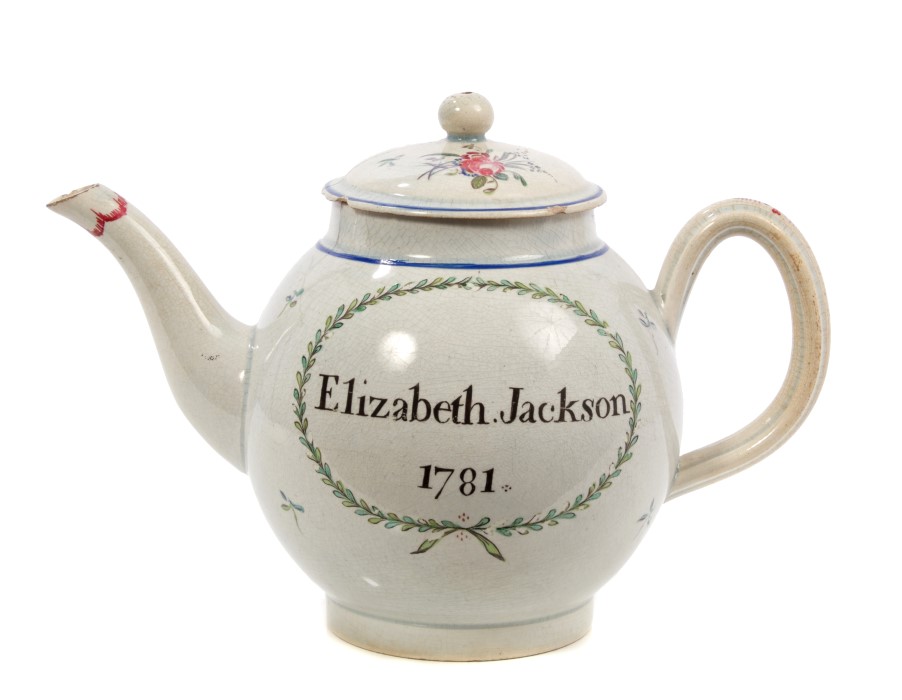 18th century English pearlware teapot and cover with 'Elizabeth Jackson 1781' within wreath and