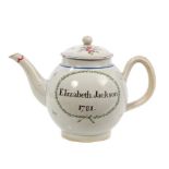 18th century English pearlware teapot and cover with 'Elizabeth Jackson 1781' within wreath and