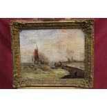 19th century English School oil on canvas - coastal scene with fishing vessels and figures by a