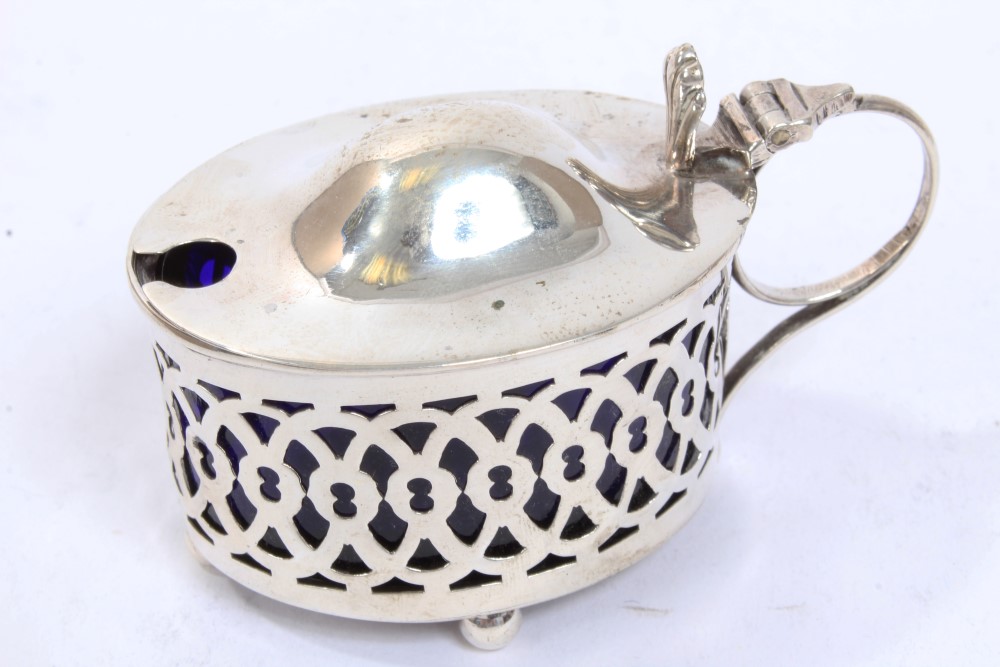 Four early 20th century silver mustard pots with blue glass liners, three hallmarked - Chester, - Image 8 of 13