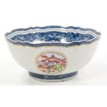 Late 18th century Chinese export punch bowl with painted Mandarin palette figure reserves and